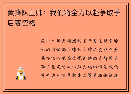 黄蜂队主帅：我们将全力以赴争取季后赛资格