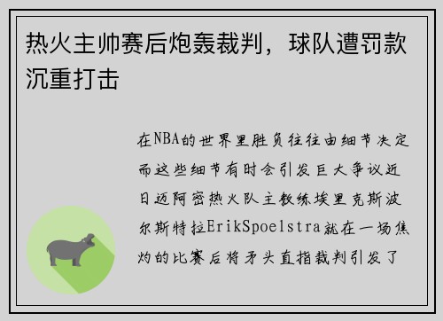 热火主帅赛后炮轰裁判，球队遭罚款沉重打击