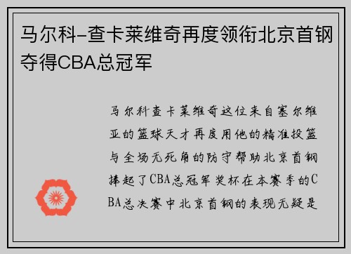 马尔科-查卡莱维奇再度领衔北京首钢夺得CBA总冠军