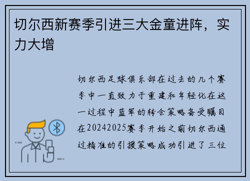 切尔西新赛季引进三大金童进阵，实力大增
